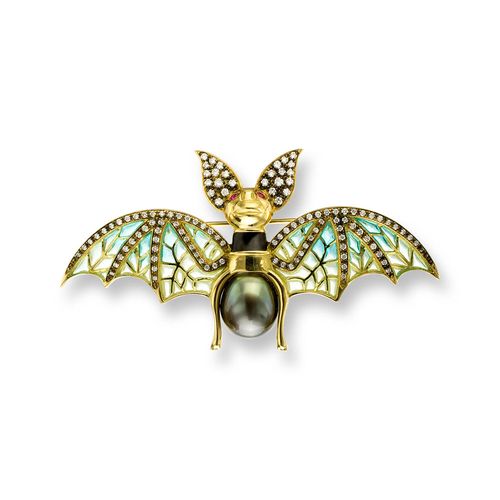 Blue Bat Brooch 18K -Diamonds Tahitian Pearl and Rubies -  - NBG067WA