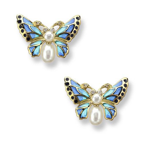 Blue Butterfly Stud Earrings 18K -Diamonds and Freshwater Pearls - Plique-a-Jour - NEG042WA