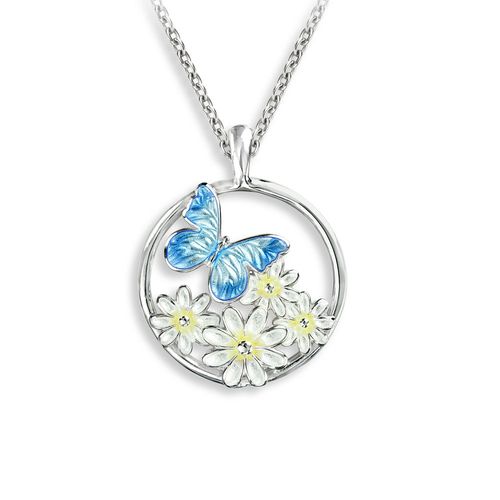 Blue Butterfly with Daisies Necklace, Sterling Silver - NN0540A