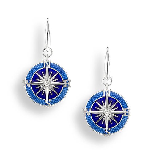 Blue Compass Rose Wire Earrings Sterling Silver-White Sapphires - NW0370YB