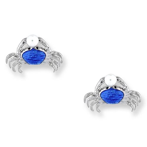 Blue Crab Stud Earrings Sterling Silver-Freshwater Pearls - NE0169B