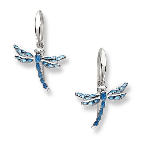 Blue Dragonfly Wire Earrings Sterling Silver-White Sapphires - Plique-a-Jour - NW0143YA