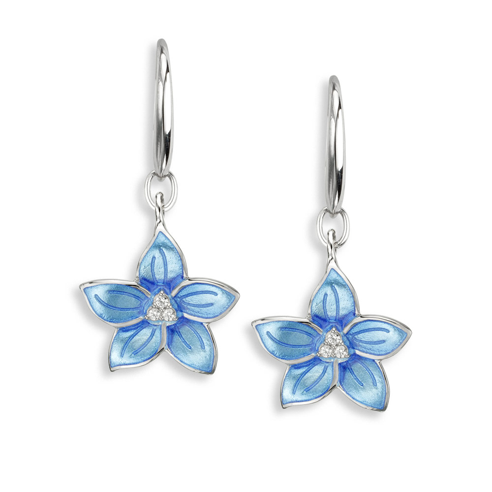 Blue Flower Wire Earrings-White Sapphires  Sterling Silver - NW0211YB