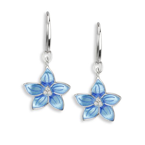 Blue Flower Wire Earrings-White Sapphires  Sterling Silver - NW0211YB