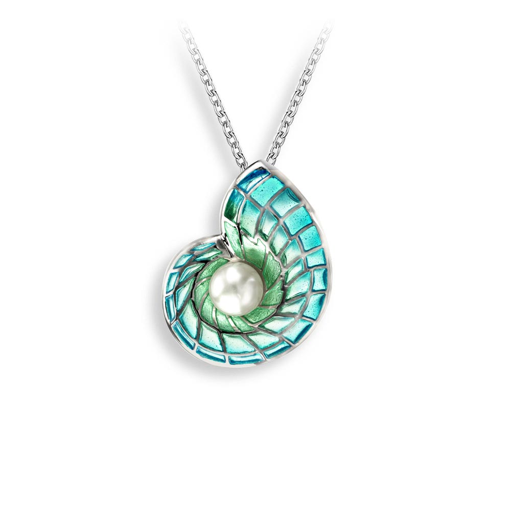 Blue Nautilus Shell Necklace Sterling Silver-Freshwater Pearl - Plique-a-Jour - NN0367C