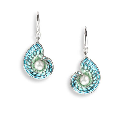Blue Nautilus Shell Wire Earrings Sterling Silver-Freshwater Pearls - Plique-a-Jour - NW0367C