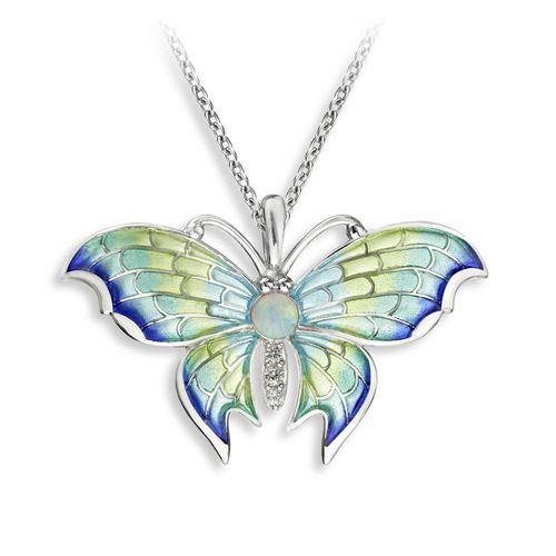 Blue Plique-a-Jour Enamel Butterfly Necklace - Opal-White Sapphires  Sterling Silver - NN0570YA