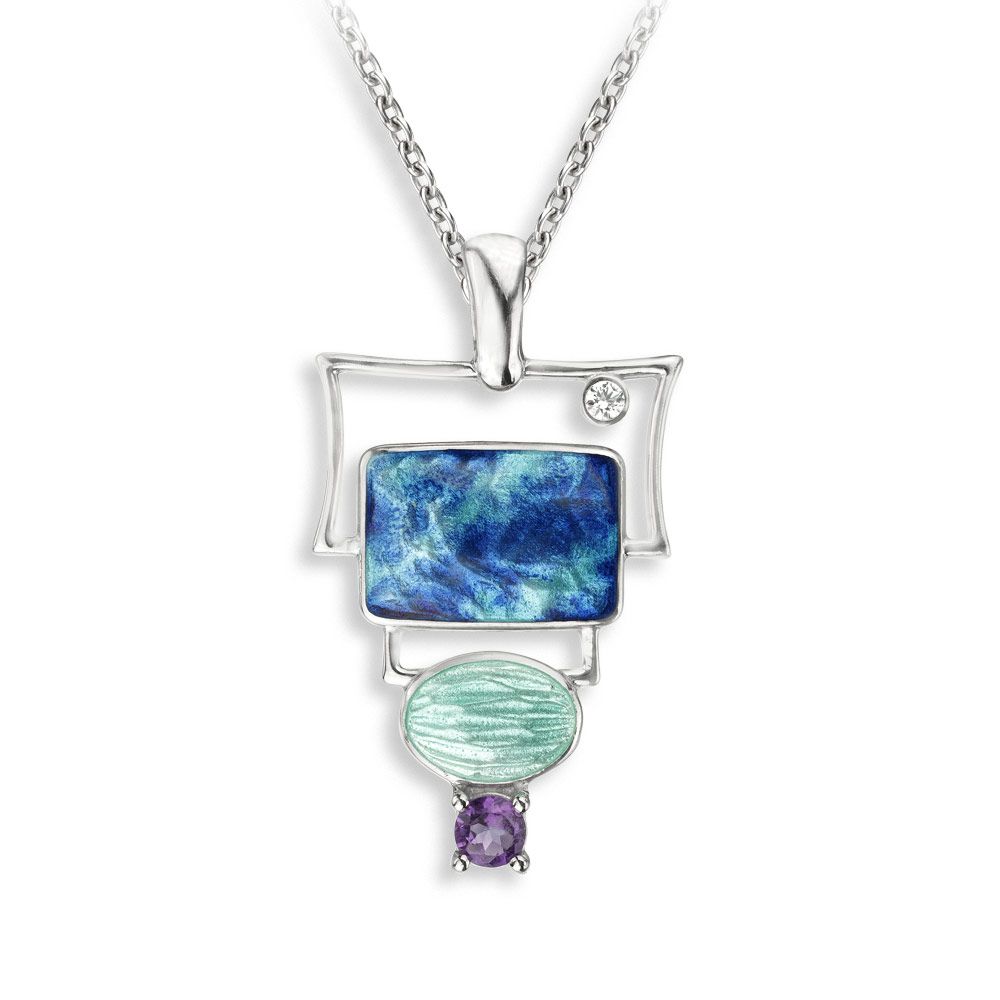 Blue Rectangular Necklace-Amethyst-White Sapphires  Sterling Silver - NN0606SA