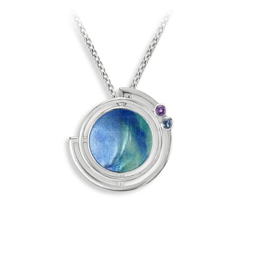 Blue Round Planet with Rings Necklace - Amethyst  Sterling Silver - NN0578YA