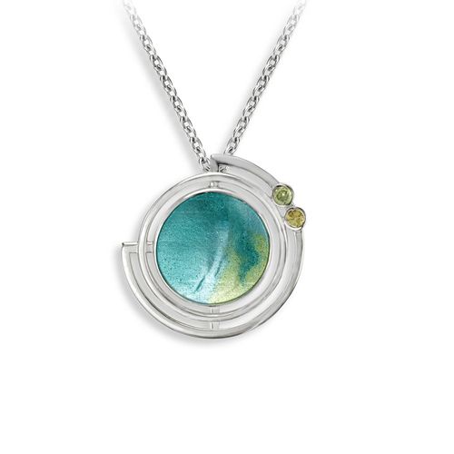 Blue Round Planet with Rings Necklace - Peridot-Yellow Sapphire  Sterling Silver - NN0578YC