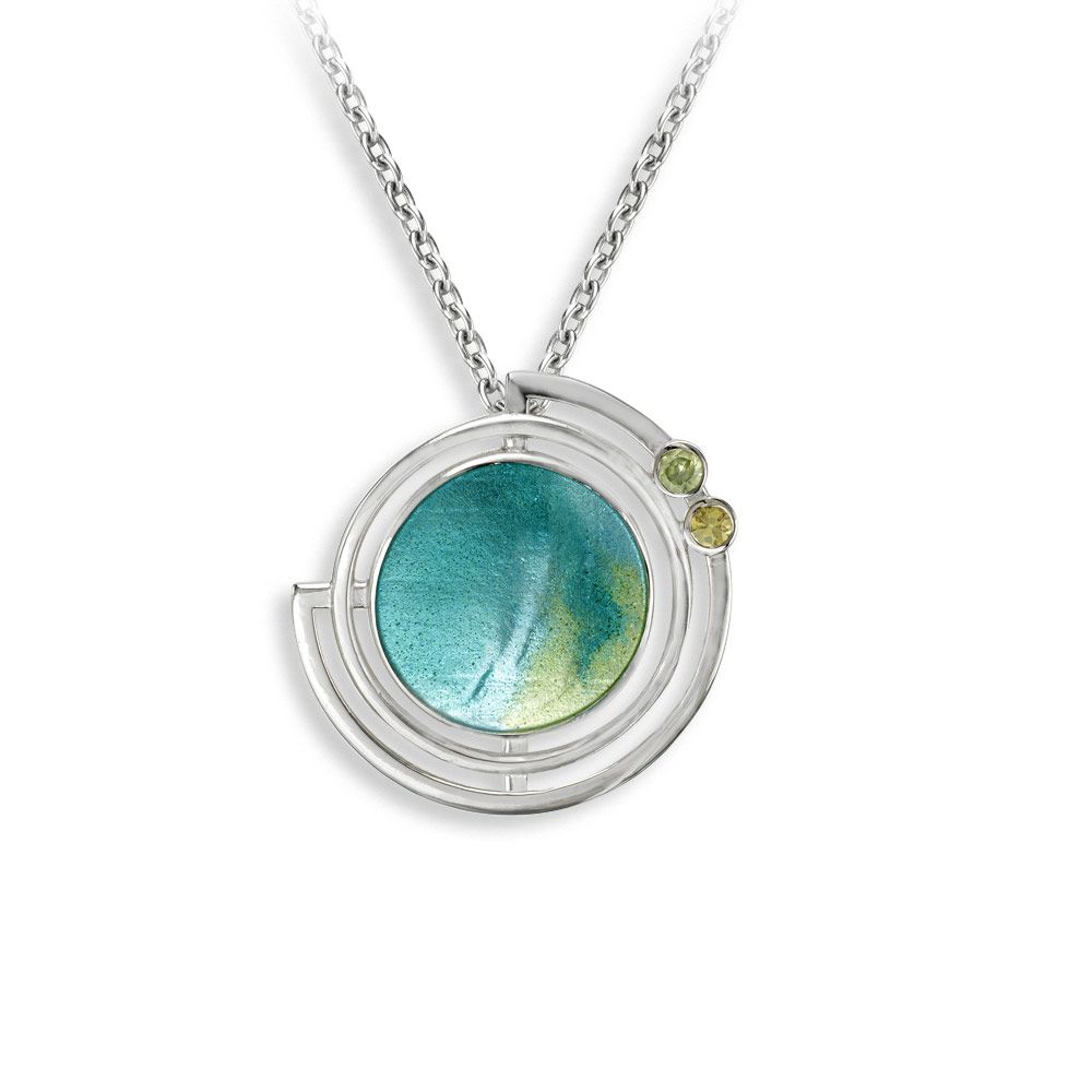 Blue Round Planet with Rings Necklace - Peridot-Yellow Sapphire  Sterling Silver - NN0578YC