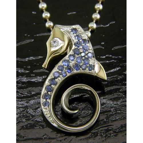 Blue Sapphire Sea Horse Pendant - Sterling Silver and 14K Gold  - SD-SGP614B