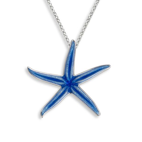 Blue Sea Star Wire Earrings in Sterling Silver with Vitreous Enamel. Adjustable 18 inch Chain included. Rhodium Plated - NN0453C