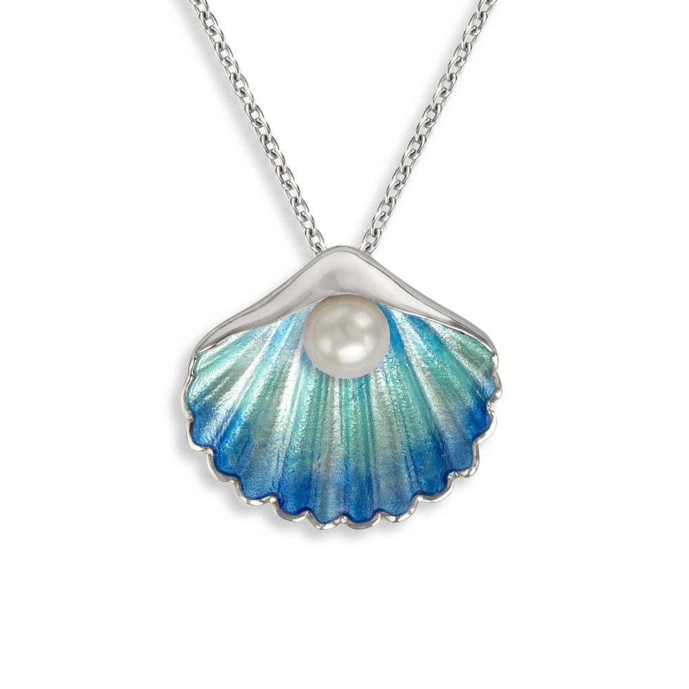 Blue Shell Necklace in Sterling Silver with Vitreous Enamel - set with a Freshwater Pearl. Adjustable 18 inch Chain included. Rhodium Plated - NN0454B