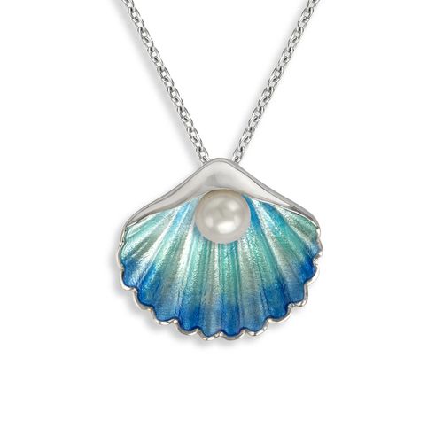 Blue Shell Necklace in Sterling Silver with Vitreous Enamel - set with a Freshwater Pearl. Adjustable 18 inch Chain included. Rhodium Plated - NN0454B
