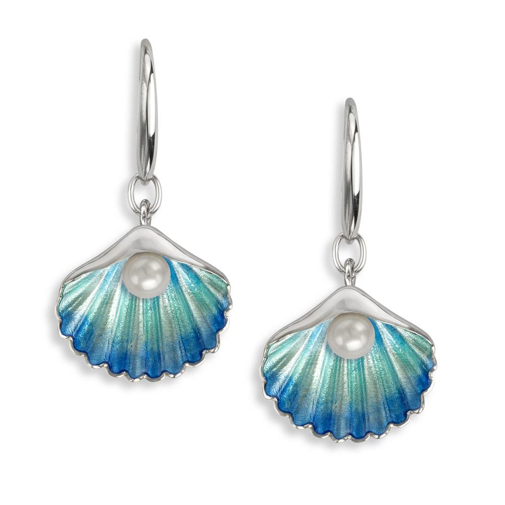 Blue Shell Wire Earrings in Sterling Silver with Vitreous Enamel - set with Freshwater Pearls. Rhodium Plated - NW0454B