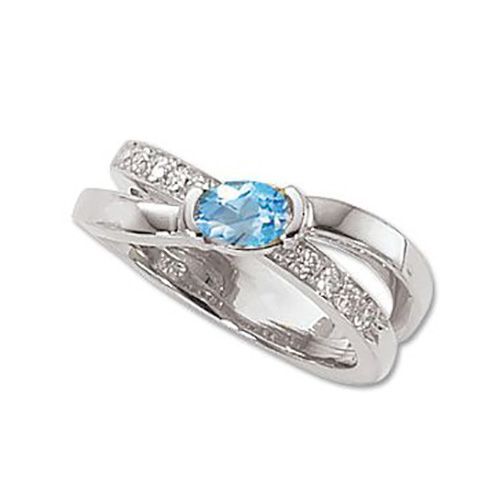 Blue Topaz & Diamond Double Band Ring - 14K White Gold Size 7