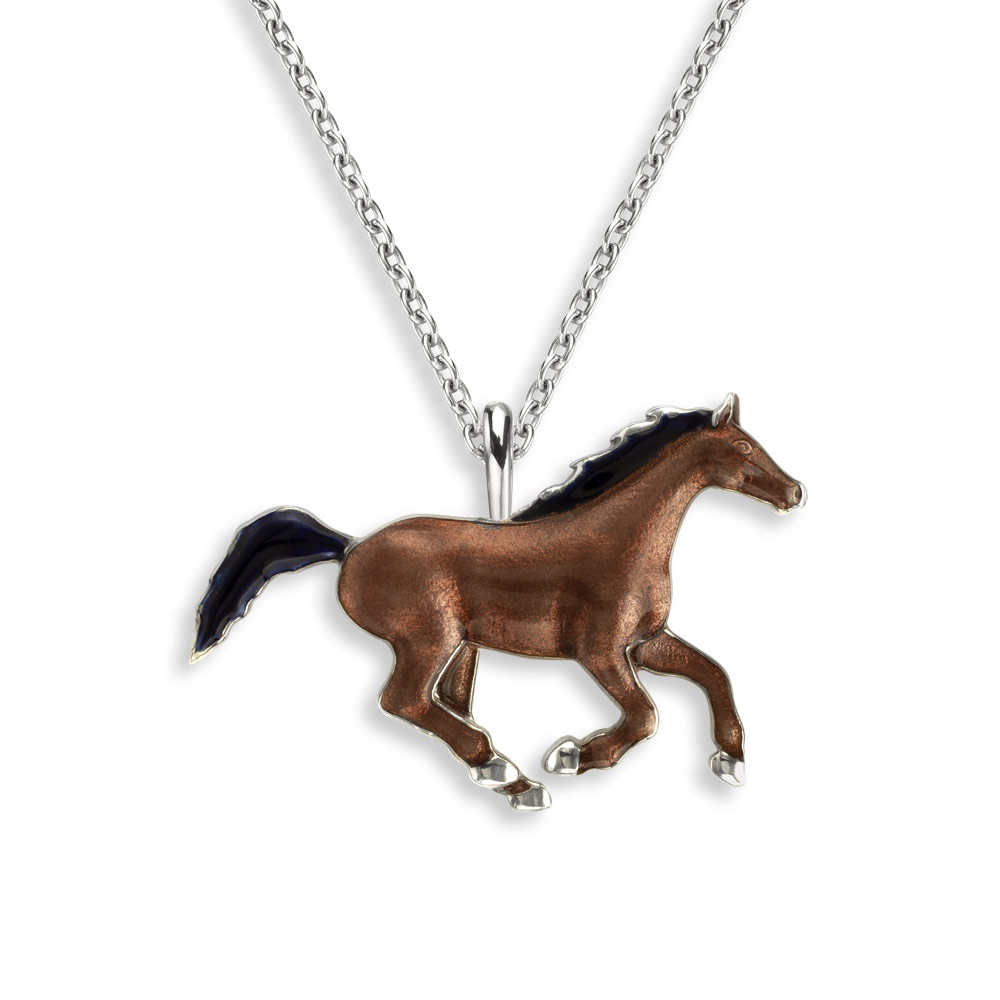 Brown and Black Horse Necklace in Sterling Silver with Vitreous Enamel. Adjustable 18 inch Chain included. Rhodium Plated - NN0452A