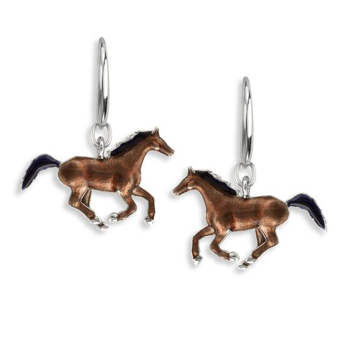 Brown and Black Horse Wire Earrings in Sterling Silver with Vitreous Enamel. Rhodium Plated - NW0452A