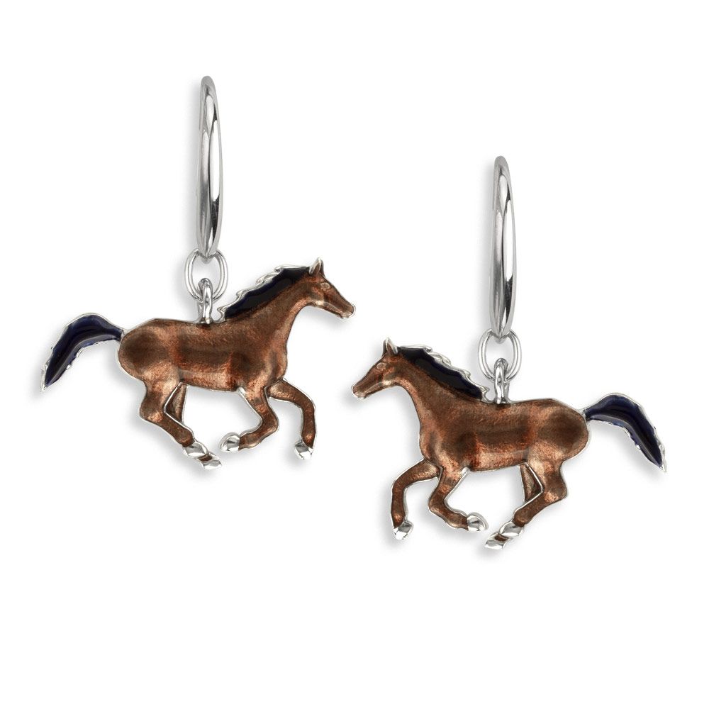 Brown and Black Horse Wire Earrings in Sterling Silver with Vitreous Enamel. Rhodium Plated - NW0452A