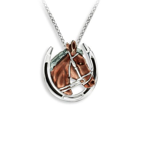 Brown Horse with Horsehoe Necklace, Sterling Silver - NN0545A