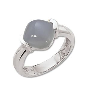 Cabochon Blue Chalcedony Ring - 14K White Gold Size 7