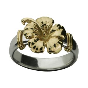 Caribbean Hibiscus Ring - Sterling Silver & 14K Yellow Gold Size 8.0