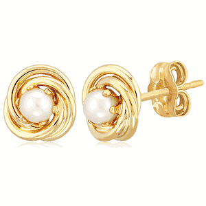Pearl Love Knot Stud Earrings - 14K Yellow Gold - 01-208