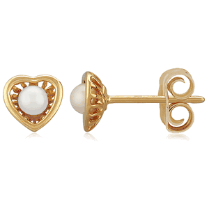 Pearl In Heart Stud Earrings - 14K Yellow Gold