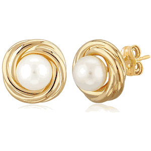Pearl Love Knot Stud Earrings - 14K Yellow Gold - 01-210