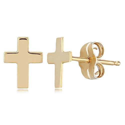 Plain Cross Stud Earrings - 14K Yellow Gold - 02-182
