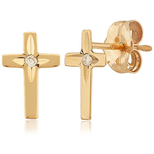 Diamond Cross Stud Earrings - 14K Yellow Gold