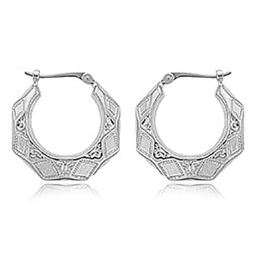 Medium Embossed Diamond Cut Hoop Earrings - 04/208w - 14k White Gold