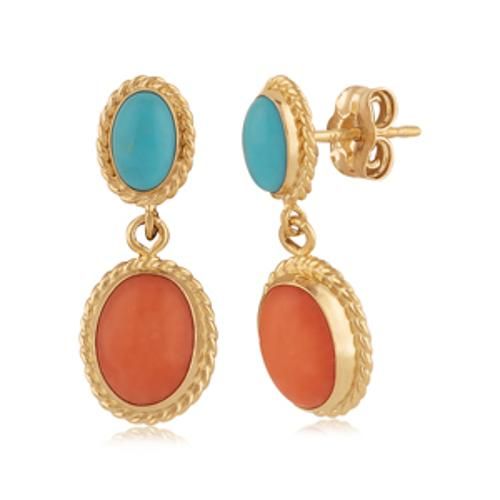 Carla 14kg 6x4 Turq. & 8x6 Coral Drop Earrings