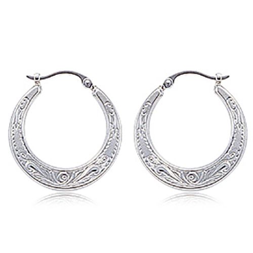 Earrings - Embossed Flat Shell Hoop Earrings - 64/214-Silver