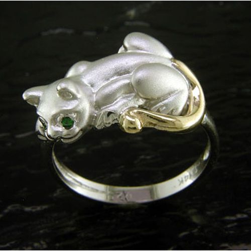 Cat Ring with Tsavorite Eyes - Sterling Silver and 14K Gold  - SD-SGR510