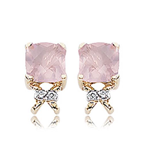 Checkerboard Cushion Rose Quartz Earrings - 14K Yellow Gold - 90288RQ