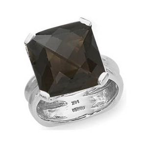 Checkerboard Smokey Quartz Ring - 14K White Gold Size 7