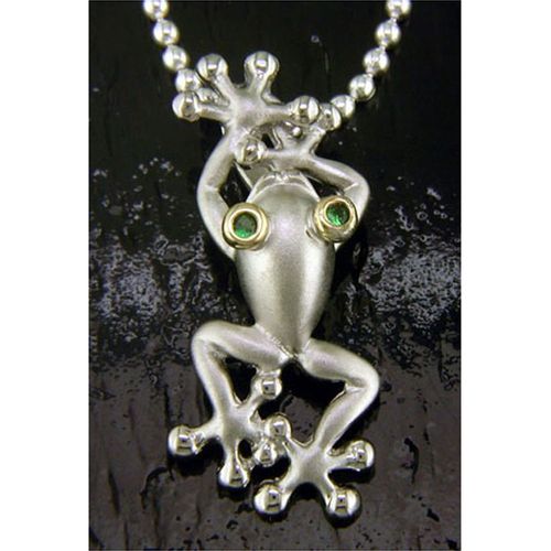 Climbing Frog Pendant with Tsavorite - Sterling Silver and 14K Gold  - SD-SGP203
