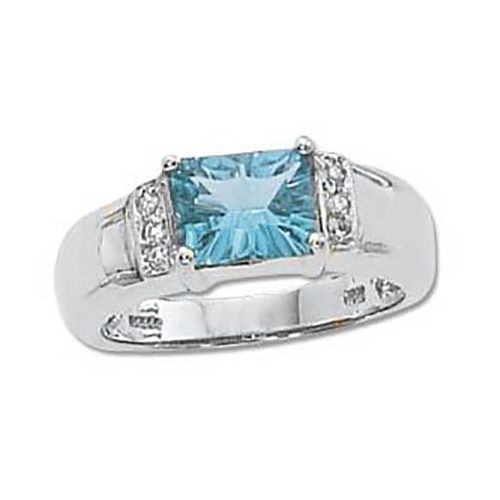 Concave Blue Topaz & Diamond Ring - 14K White Gold Size 7
