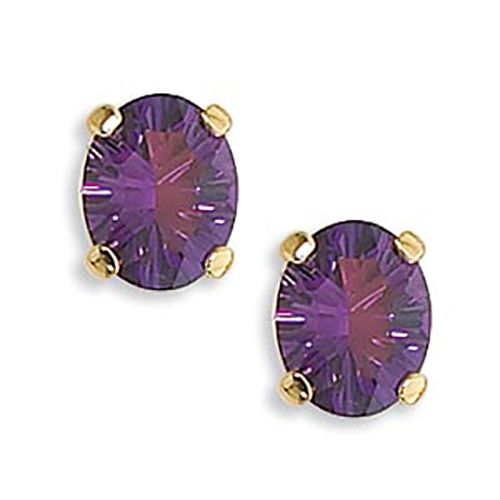 Concave Oval Amethyst Gemstone Earrings - 14K Yellow Gold
