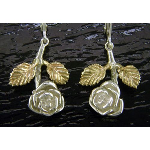 Curling Rose Earrings - Sterling Silver and 14K Gold  - SD-SGE783