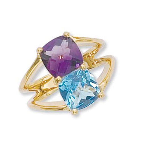 Cushion Amethyst & Blue Topaz Ring - 14K Yellow Gold Size 7