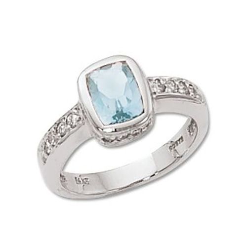 Cushion Aquamarine & Diamond Ring - 14K White Gold Size 7