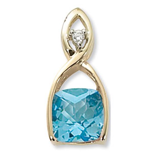 Cushion Blue Topaz & Diamond Pendant - 14K Yellow Gold