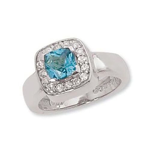 Cushion Blue Topaz & Pave Diamond Ring - 14K White Gold Size 7