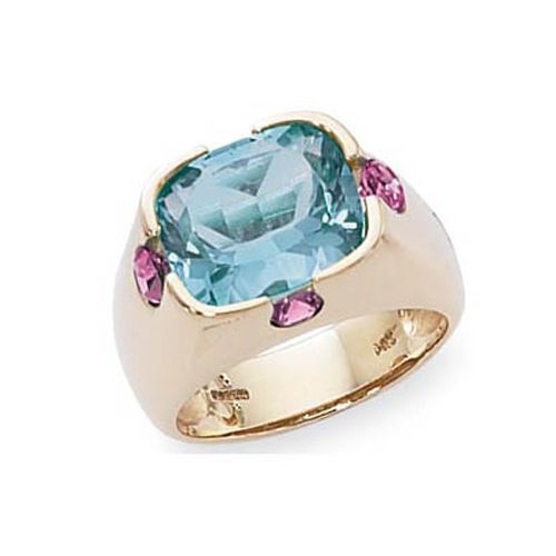Cushion Blue Topaz & Sapphire Ring - 14K Yellow Gold Size 7