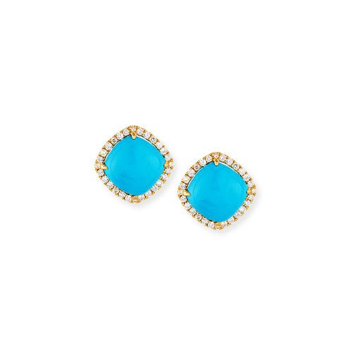 Cushion Blue Turquoise & Diamond Halo Stud Earrings