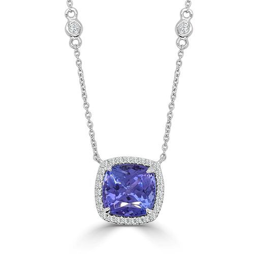 Cushion Shape Tanzanite on Diamond Halo One Of A Kind Pendant