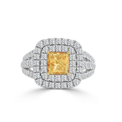 Cushion-shaped yellow diamond center, triple split diamond shank one-of-a-kind ring